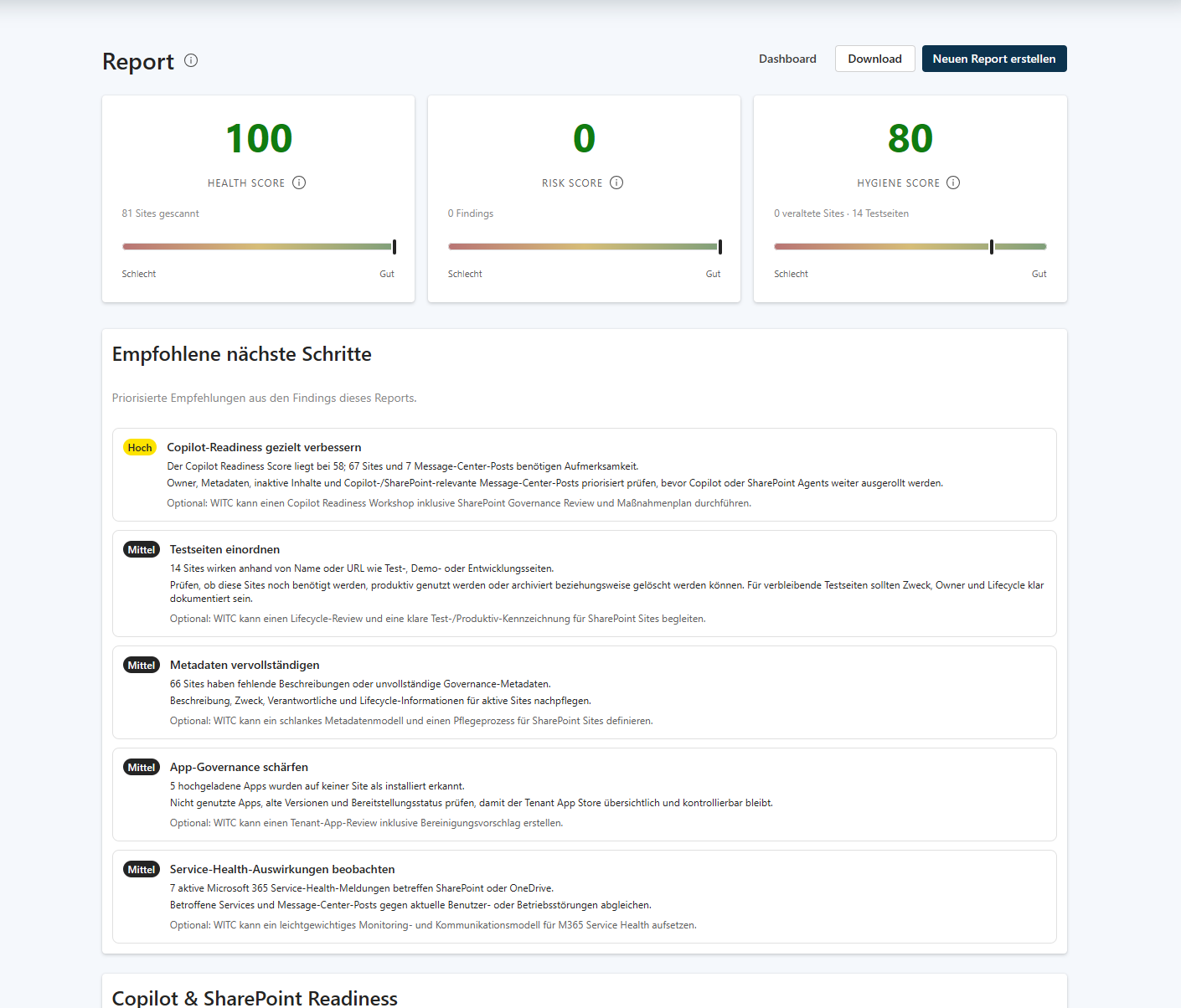 TenantPulse Report Detail mit Health Score, Risk Score, Hygiene Score und Handlungsempfehlungen
